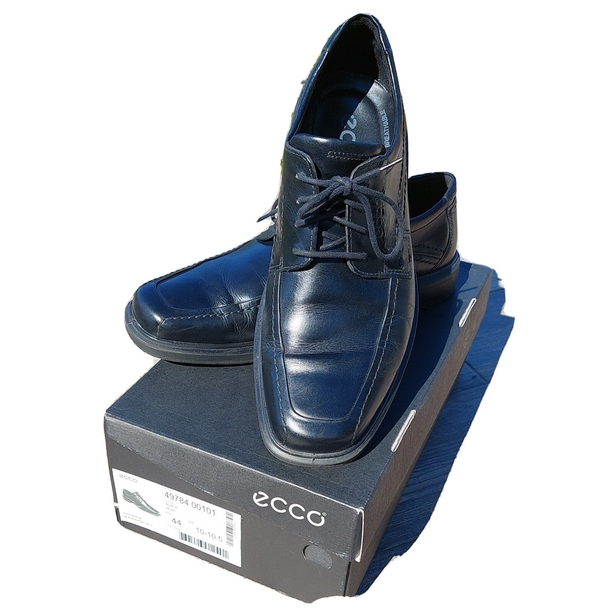 a ECCO MEN 44 10 BERLIN Black Leather SHOCK POINT HEEL SQUARE TOE