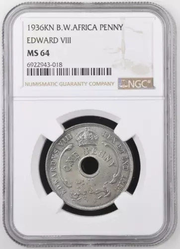 BRITISH WEST AFRICA 1 Penny 1936 KN, NGC MS 64 Lustrous Toned UNC, Edward 8. R7.