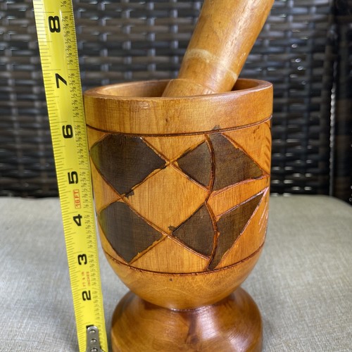Hand Carved Wooden Mortar Pestle Set Herb Crusher Large 6.5” Tall Two Tone Wood - Picture 18 of 19