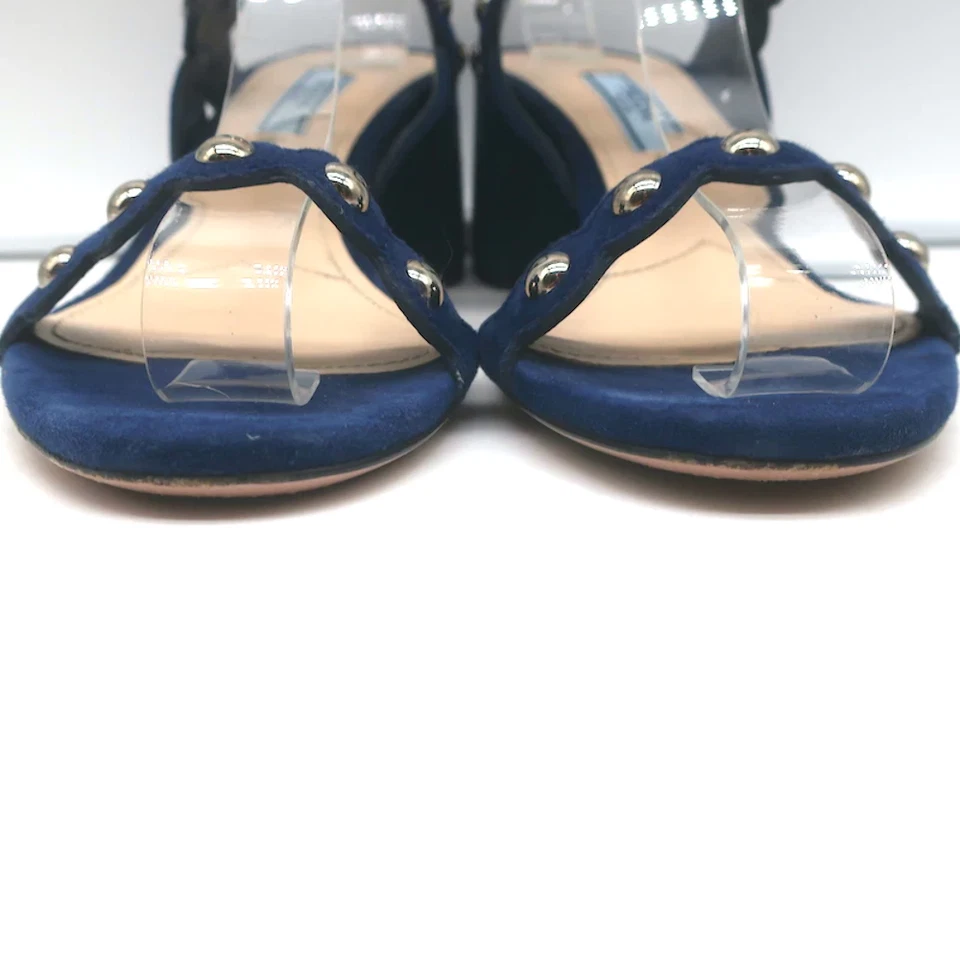 Prada Studded Scalloped Suede Sandals Navy Size 36 Ankle Strap Heels - Image 4 of 4