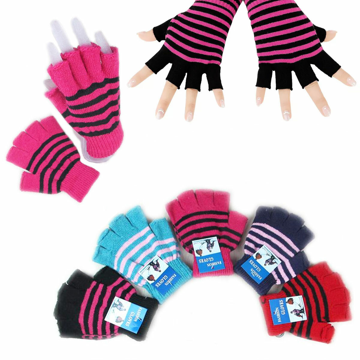 にけ 12 Pairs Women Girl Striped Knitted Fingerless Half Finger