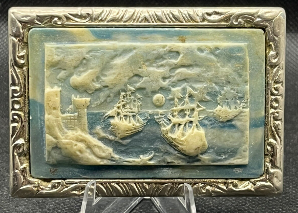 Vintage Carved Incolay Studios Nautical  Boat Ships Inlayed Stone 3" Belt Buckle