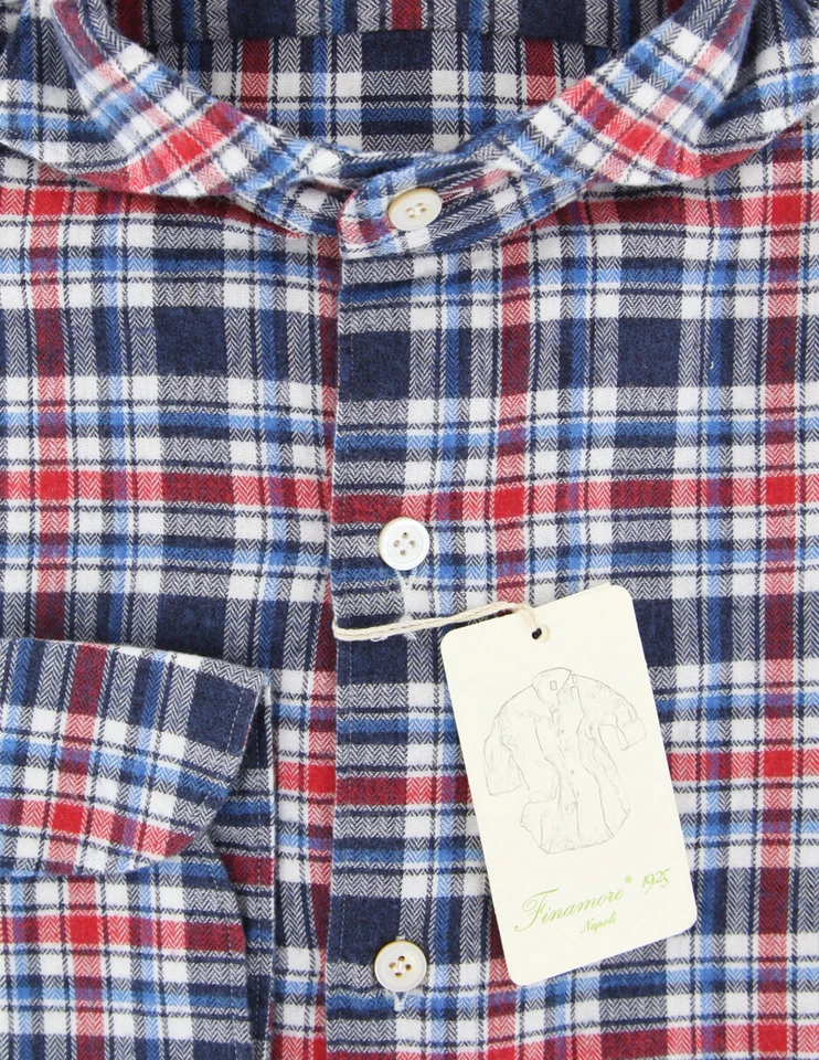 Camisa de franela a cuadros azul marino Finamore Napoli - extra delgada - (IV) Foto 2 de 4