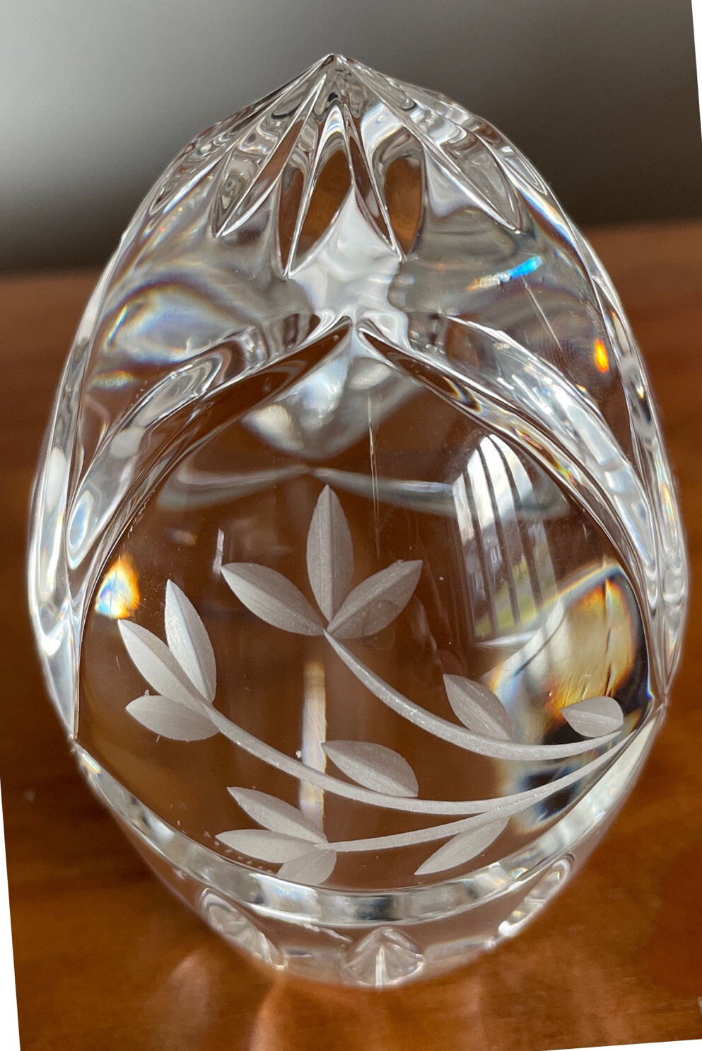 Lead Crystal Egg Paperweight Art Glass Hand Cut Floral Etched Starburst