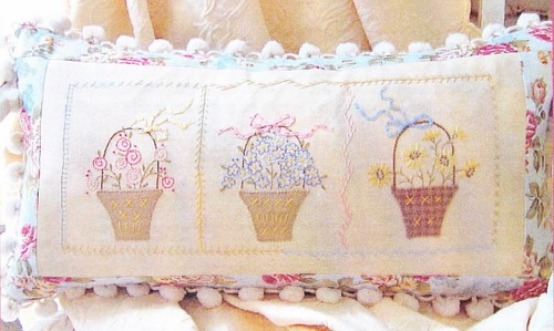 Embroidery Pattern ~ "COTTAGE GARDEN BASKETS PILLOW"  - Crab-apple Hill Designs