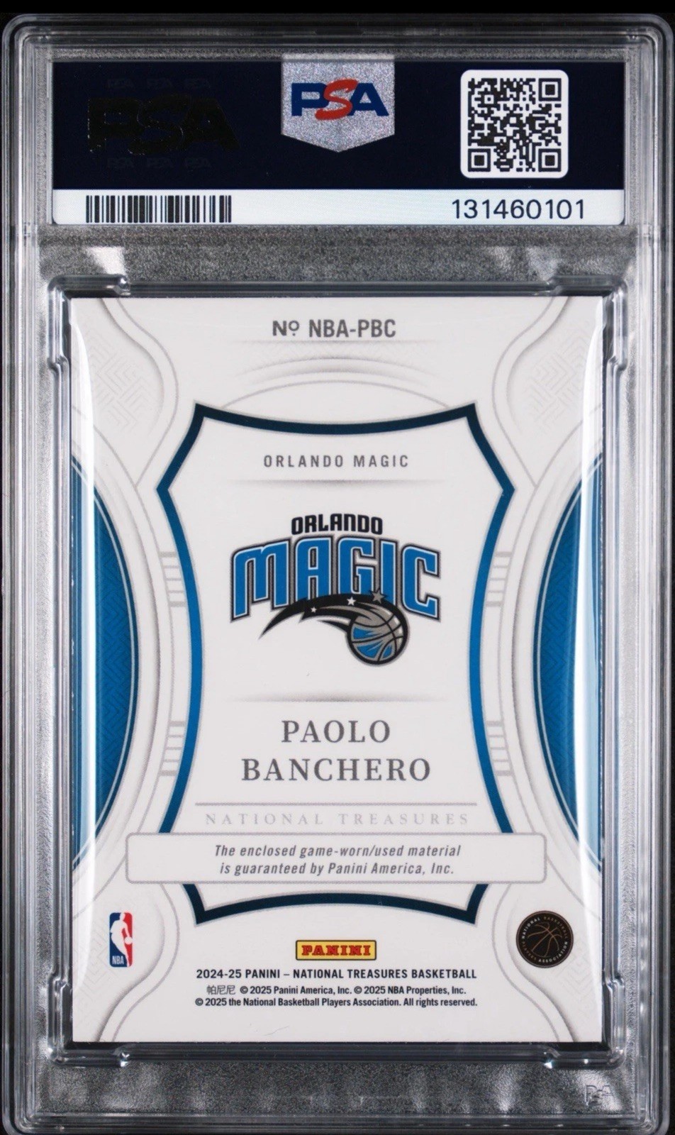 2024 National Treasures Paolo Banchero NBA Materials Patch /25 PSA 9 Game Worn view 2