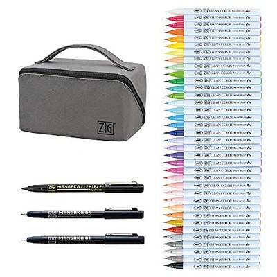 Kuretake Clean Color Real Brush + MANGAKA Brush Pen with Pouch Large