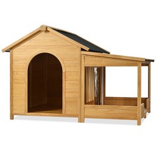 60.2" Wood Dog House w/Porch,Cabin Style Dog Crate w/Asphalt Roof Elevated Floor