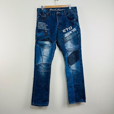 ETO Jeans 9901 EM450 Blue Studded Button Fly 32 R Tapered Distressed White Wash