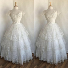 White Tiered Wedding Dresses Off Shoulder Short Sleeves A Line Bridal Gowns