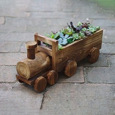 Garden Modern Wooden Train Wheel Barrow Planter Flower Carts Ornamental Pot36cm