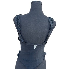 Vtg 80s Fredericks Black Velvet Bows Babydoll High Cut Lingerie Bodysuit LARGE