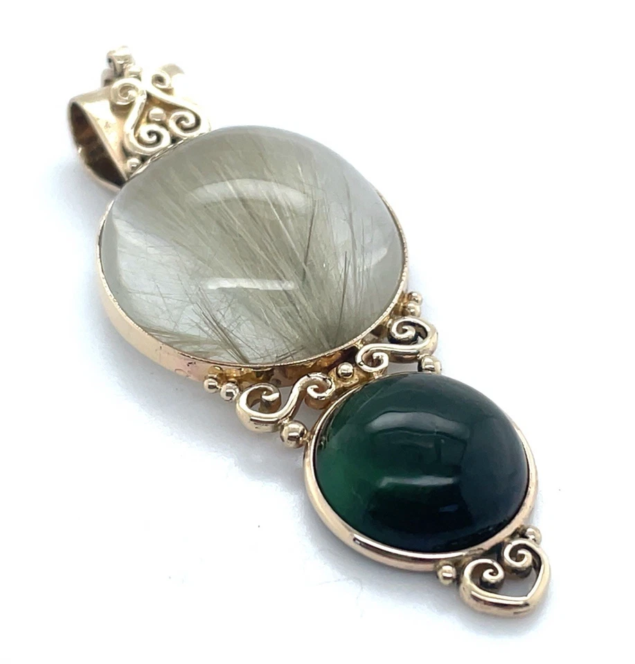 Handmade 14k Yellow Gold Double Round Green Tourmaline Rutilated Quartz Pendant - Image 2 of 4