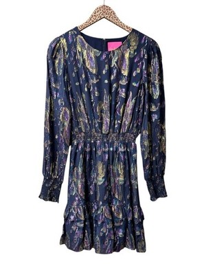 blue dress dotti Lilly Pulitzer Silk Mini Metallic Floral Long Sleeve Navy 6 Royal Blue Sparkly Beaded Brand_Jovani SIZE - True to U.S. Size (Regular Width):14