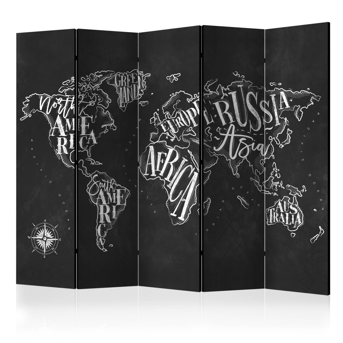 Paravent 5 volets Retro Continents Black idéal pour délimiter un coin bureau dans le salon