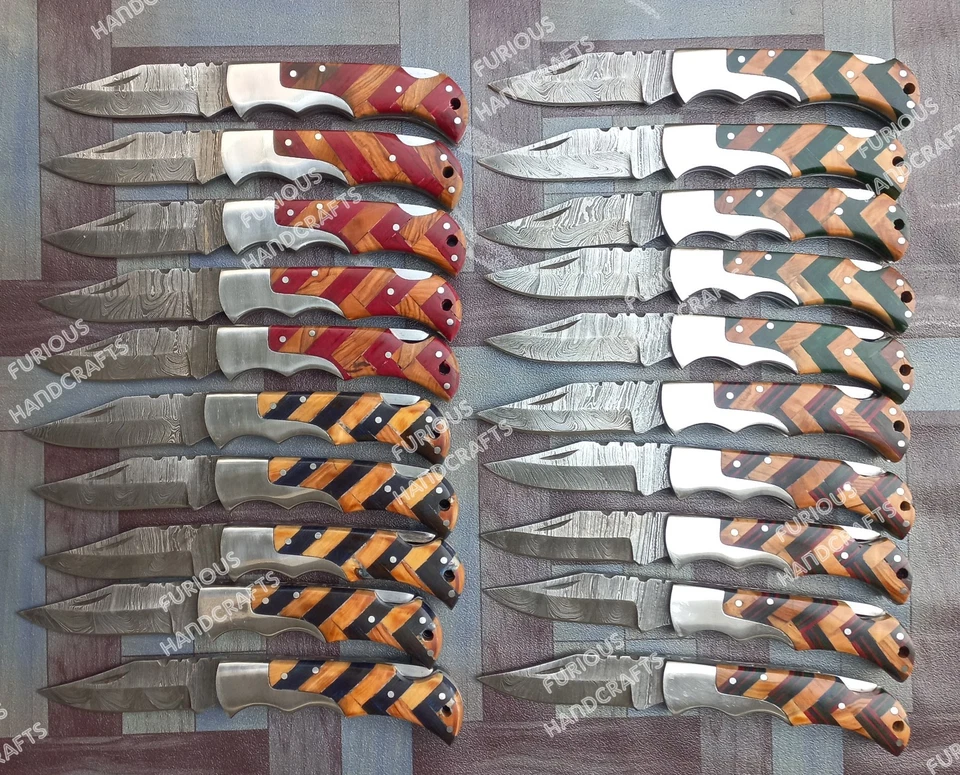 Lote de 20 PIEZAS Navaja de Bolsillo Plegable Hecha a Mano de Acero Damasco Cerradura Trasera con Bolsa Foto 2 de 4
