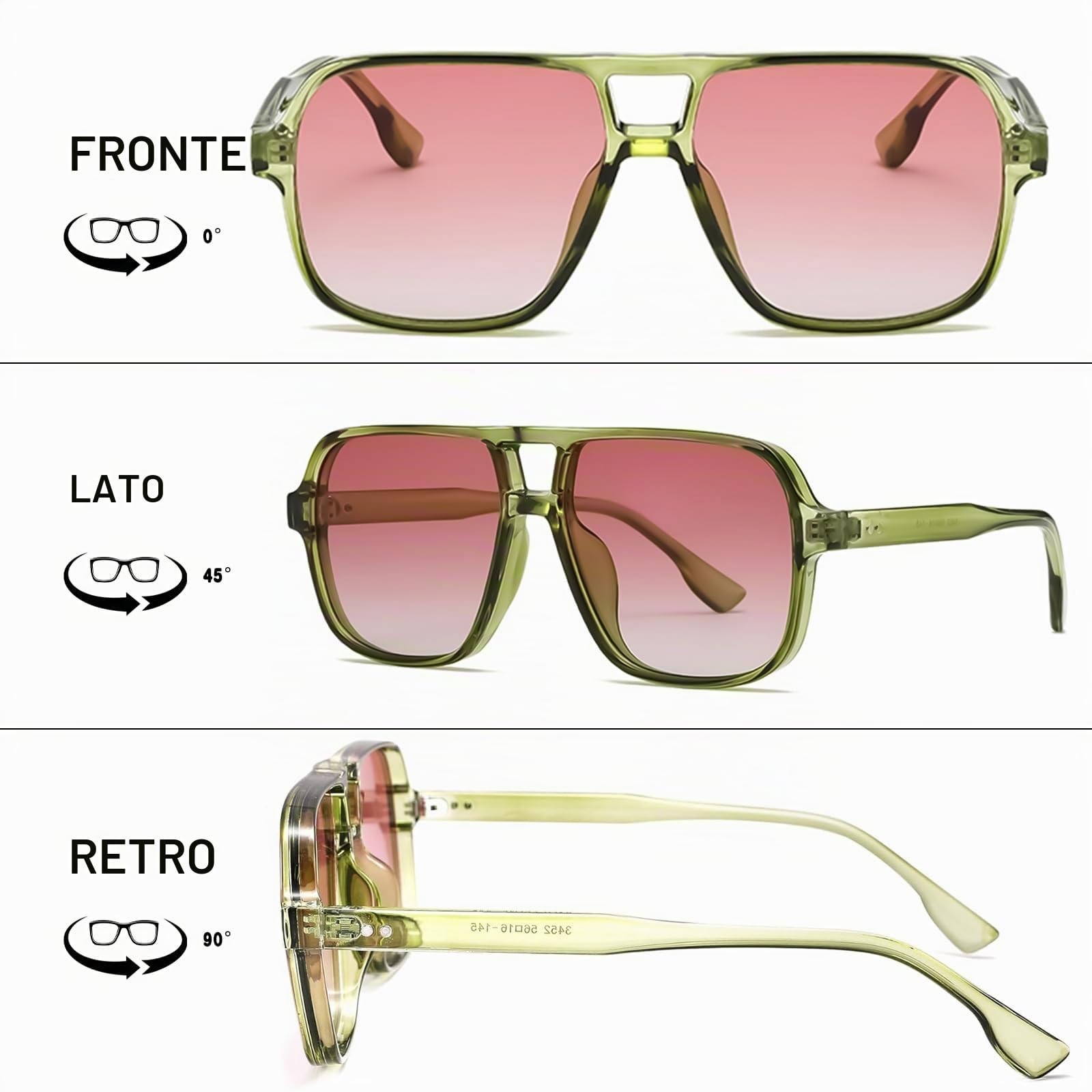 Occhiali da Sole da Uomo Donna Vintage Anni 70 Pilota 56 mm Verde / Lenti Rosa foto 2