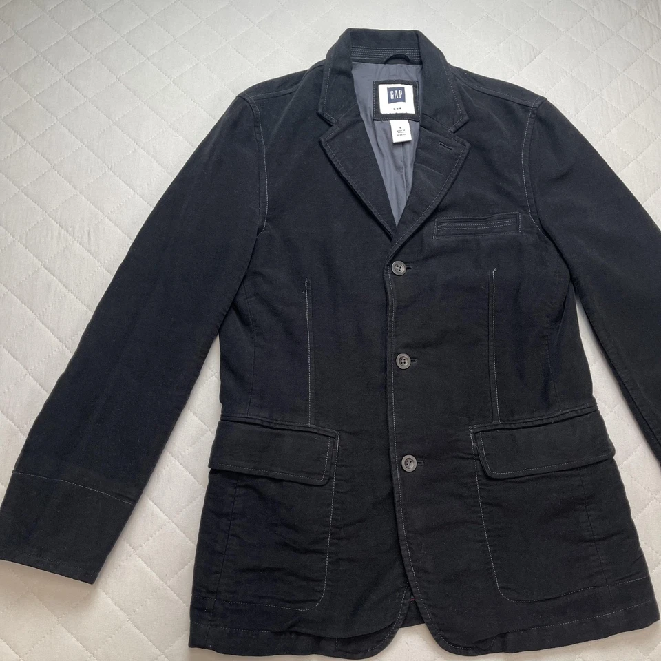 Casaco esportivo vintage GAP blazer masculino pequeno preto algodão 3 botões bolsos remendo anos 00 - Imagem 3 de 4