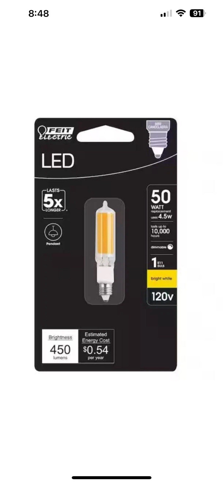 Feit Electric 50-Watt Equivalent T4 Mini Candelabra E11 Base Dimmable LED Light