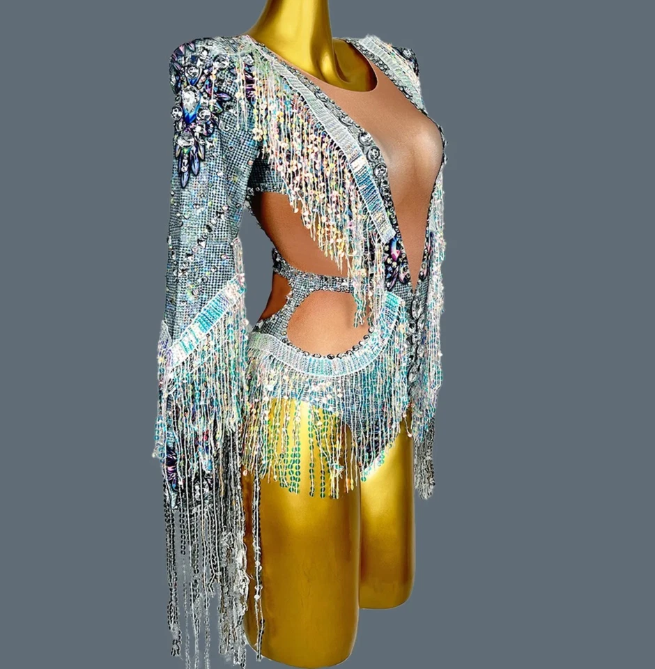 Nuevo Body Mujer Lujo Diamante Estrás Borla Lentejuelas Baile Cantante Escenario Foto 4 de 4