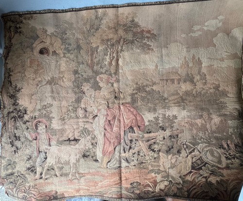 Vintage Woven Tapestry Wall Hanging Victorian Style Pastoral Scene 36x27