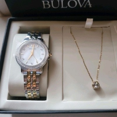 Bulova Two-Tone Silver Gold Watch & Necklace Jewelry Set with Crystal Accents