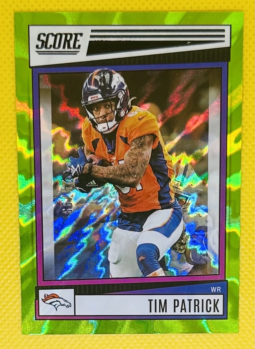 2022 Score Green Electric Tim Patrick #/99 Denver Broncos #76