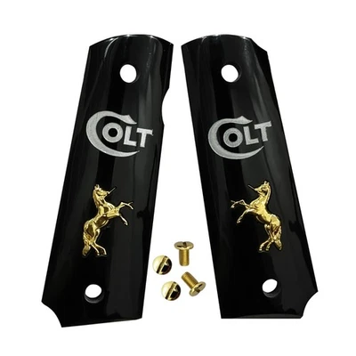 SHARDBLADE 1911 GUN GRIPS FULL SIZE COLT & CLONES Gold Horse Medallion W/Screws 1911 Grips