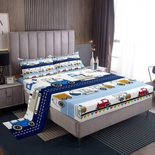 Construction Sheet Set Kids Equipment Trucks Sheets with Deep Pocket Fitted S...