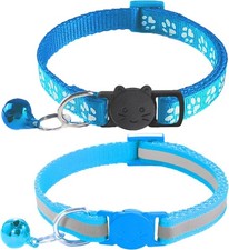 2 Pack Breakaway Cat Collars w/ Bells Reflective Claw Print Sky Blue