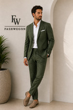 FASHWEGON Men's Olive Green 2 Piece Suit Set Slim Fit Formal Wedding Party