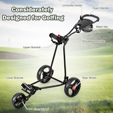 3 Wheels Golf Push Cart Golf Pull Trolley w/ Scoreboard Umbrella and Cup Holder