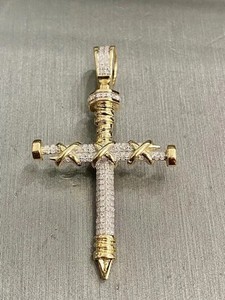Authentic Round Cut 2.20Ct Real Moissanite Men's Nail Cross Pendant 14K Yellow Gold Plated