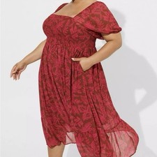 Torrid Tea Length Smocked Bodice A-Line Dress Sz 00 M/L 10 Pink Brown Leaves