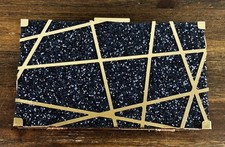 Evening Bag Small Rectangular Clutch Purse Dark Blue Gold with Chain Strap