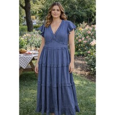 PINCH Women's Dress Maxi Blue Ruffle Tiered V Neck Flutter Sleeve Large