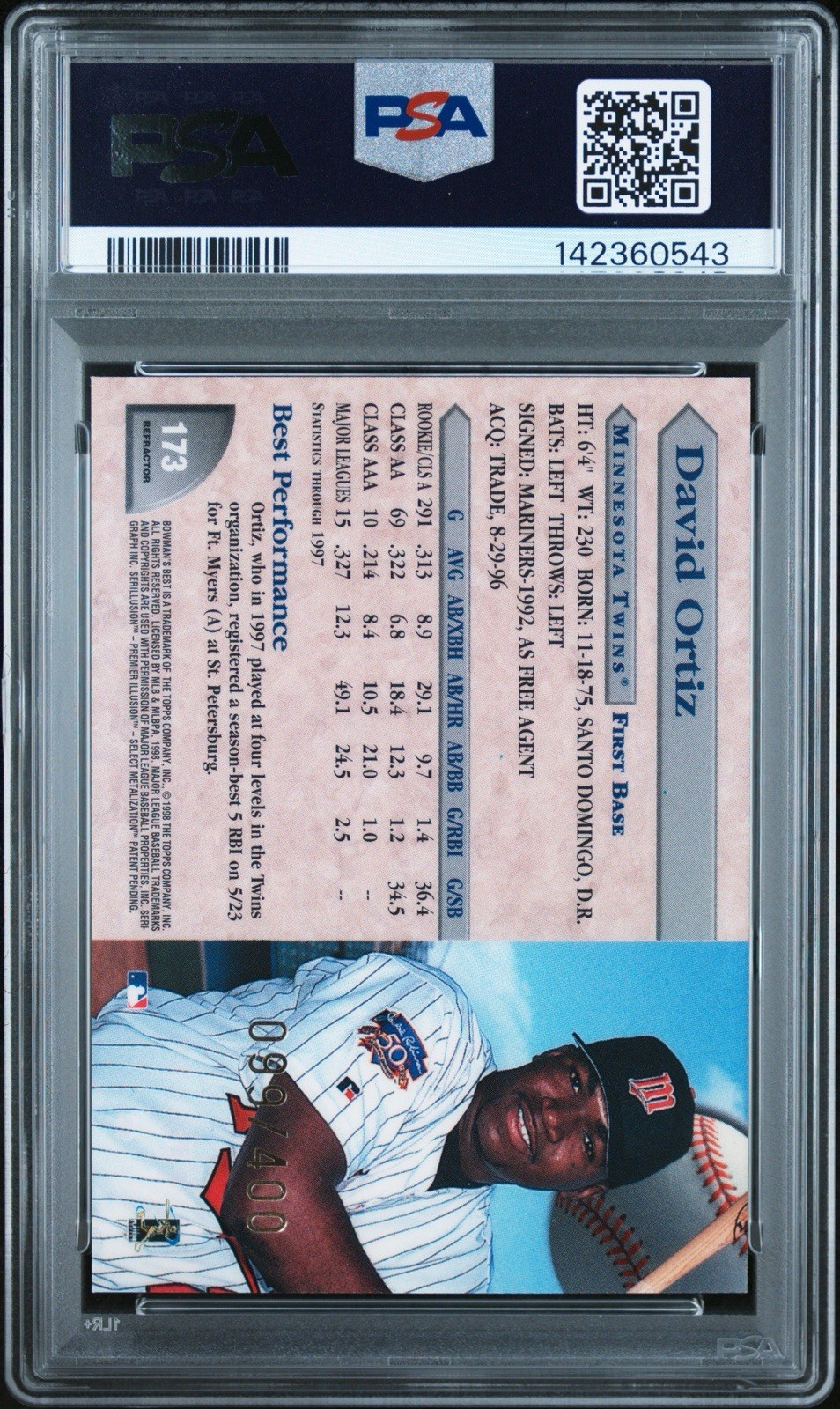 1998 Bowman's Best-David Ortiz Rookie RC Refractor/400-PSA 9🔥Red Sox Twins view 2
