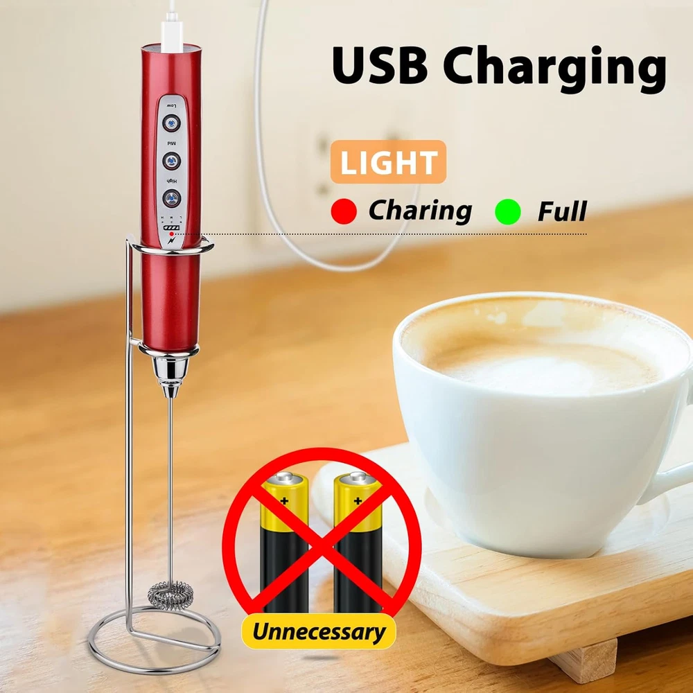Milk Frother with Stand Rechargeable-Handheld Frother Wand with 3 Stainless Whis