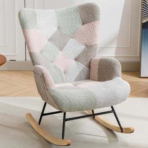 Modern Patchwork Accent Chair with Solid Wood Armrest and Feet, Mid-Century Mode - Picture 12 of 24
