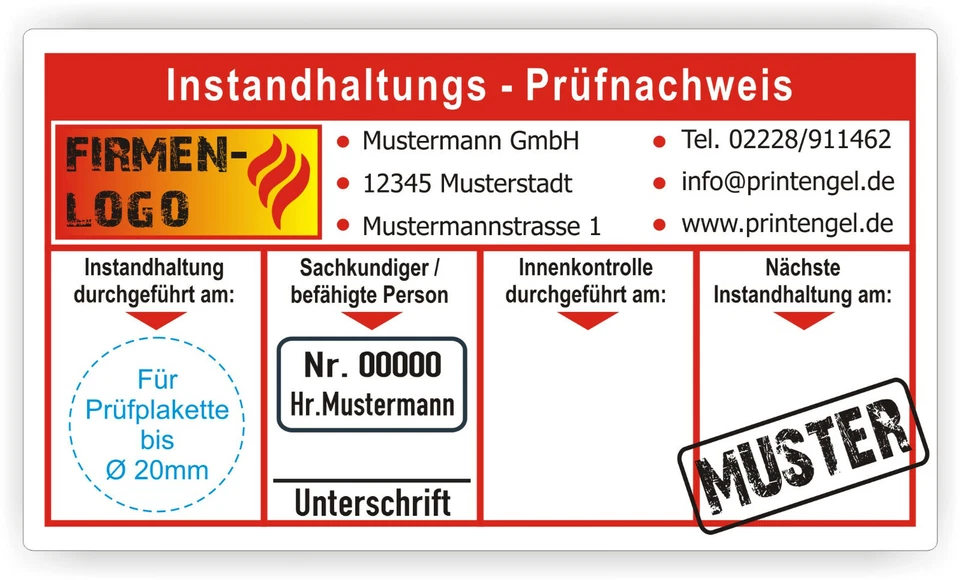 PRINTENGEL © Instandhaltungs-Prüfnachweis mit Firmeneindruck nach Ihren Angaben Individuell