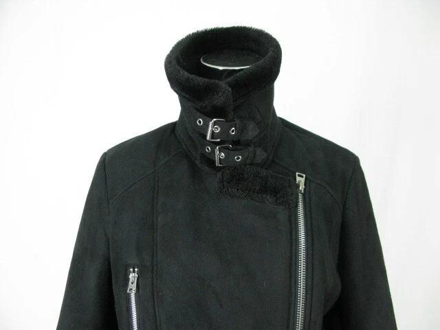 Abrigo Top Shop Talla 8 Moto Motociclista Negro Imitación Gamuza Chaqueta Forro y Borde de Piel Sintética Foto 4 de 4