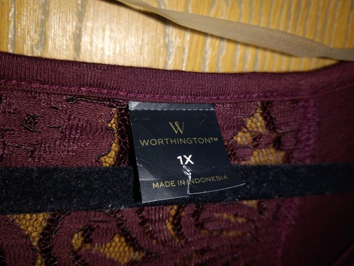 NEW, Worrhington Top Womens 1X Burgundy, Lace Round Neck Short Sleeve T-Shirt - Picture 4 of 5