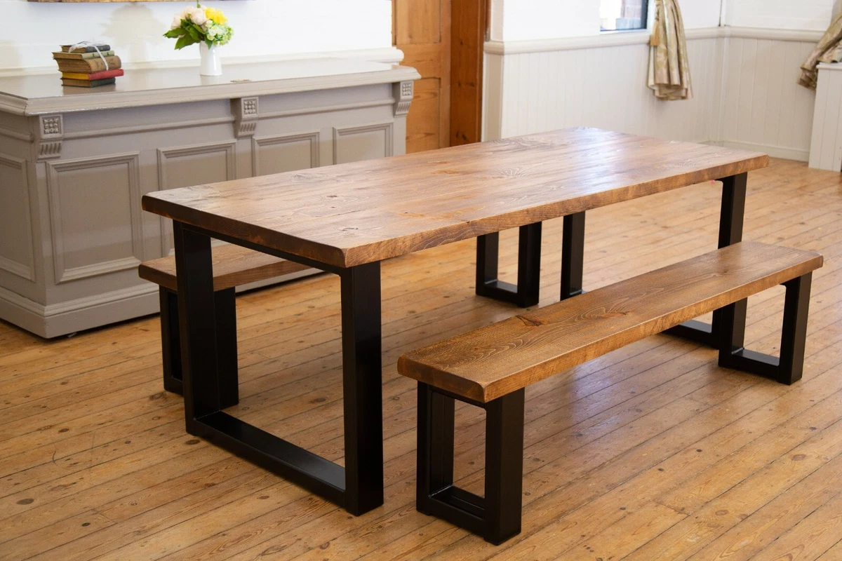 Industrial dining table and benches rustic modern design and space saving
