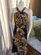 NWT The Limited Faux Halter Plum Purple Mustard Yellow Floral Abstract Dress 14