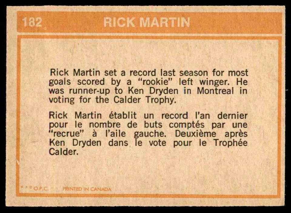 1972-73 O-PEE-CHEE NHL ACTION RICK MARTIN BUFFALO SABRES #182 NRMT - Image 2 of 2