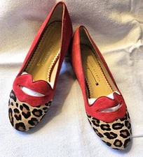 Charlotte Olympia Incy new red suede lips leopard print calf hair girls'  flats