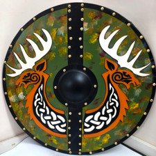 24"Wooden Viking Shield Medieval Carving Battle Role play Cosplay