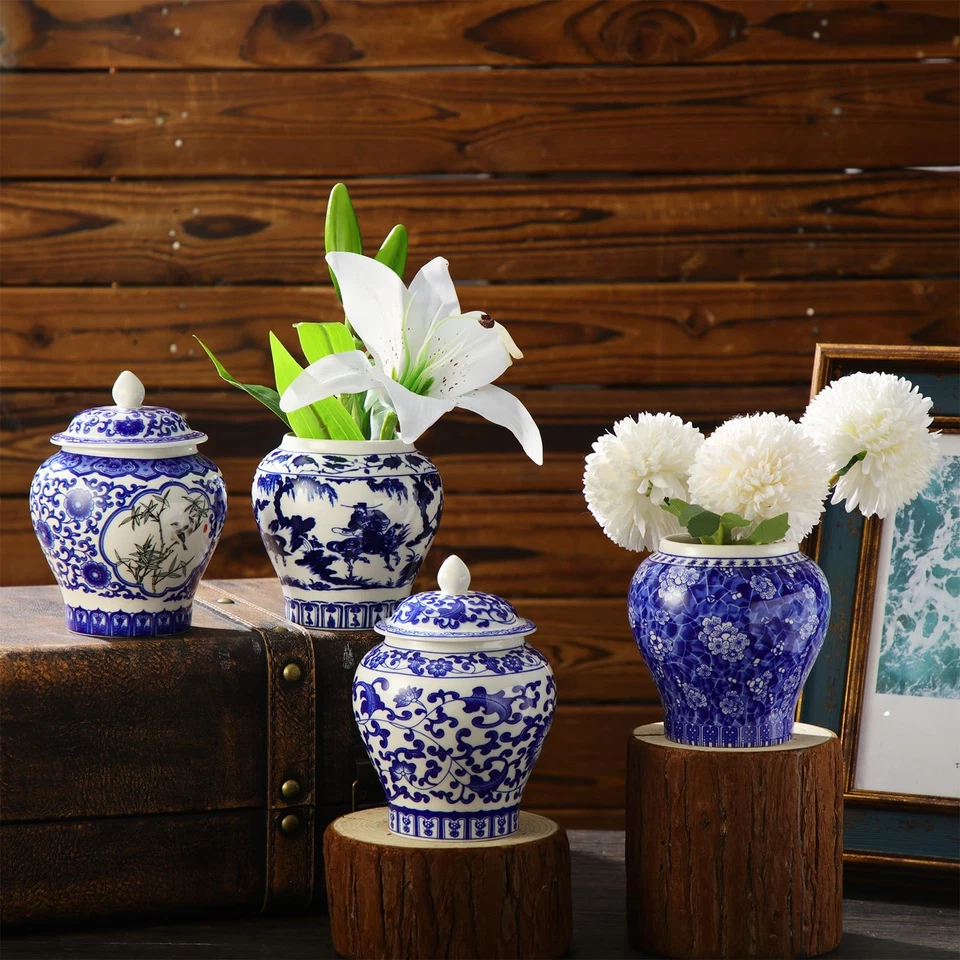 Pequeños frascos de cerámica azul y blanco de jengibre azul chinoiserie decoración jarrones porcelana... Foto 4 de 4
