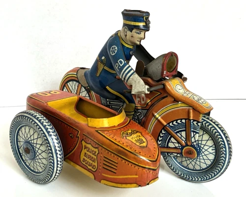 VintageMARX Tin Litho POLICE MOTORCYCLE and SIDECAR, SIREN, Wind-Up Toy - No Key