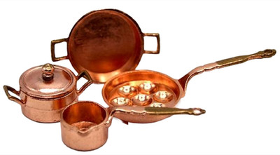 Dolls House Copper Saucepan Set Gold Handles Pans & Poacher Kitchen Accessory
